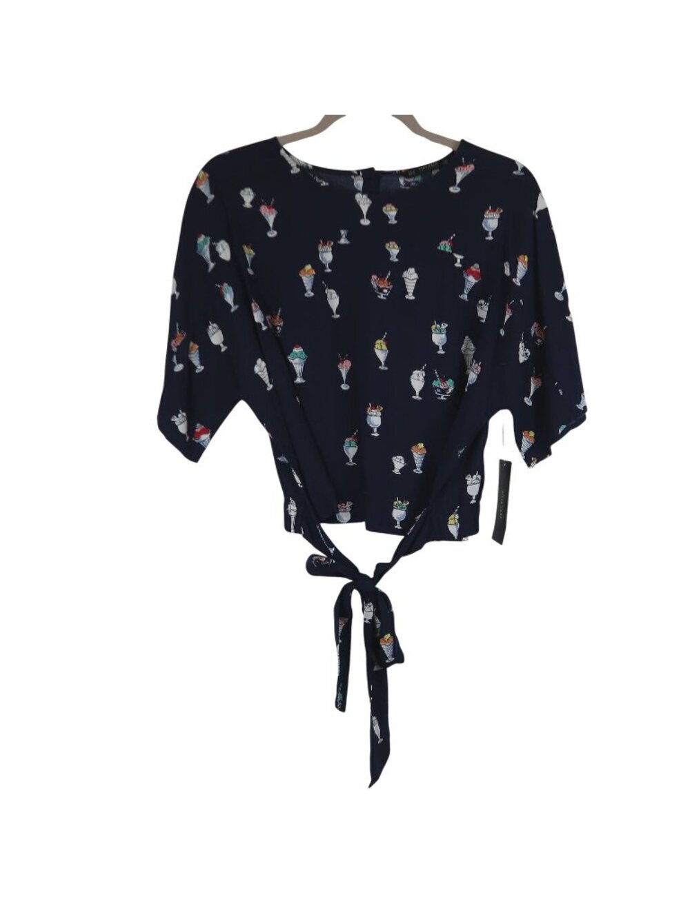 NWT Zara S Navy Tie-Back Top Ice Cream Print Novelty Cropped